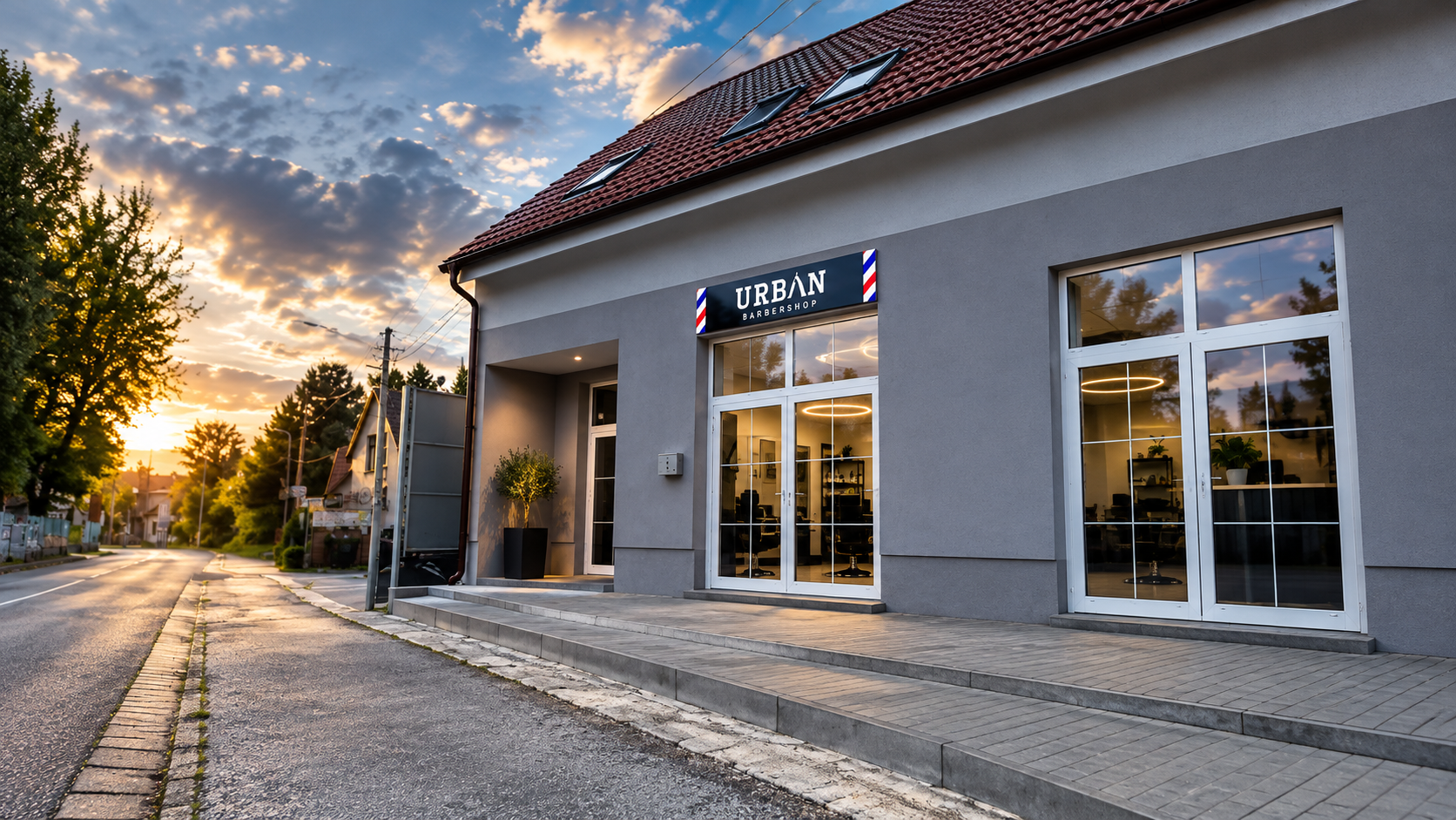 Prevádzka Urban Barber na ulici Za depom 7 s vývesným štítom nad vstupom